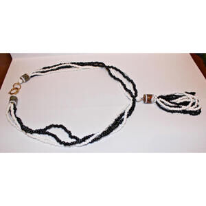 Vintage Black White Seed Bead Necklace Tassel 34" Boho Tribal Glass